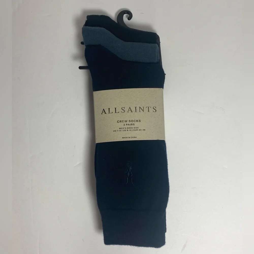 Allsaints NWT Designer Luxury 3 Pack Black Crew Socks for Men